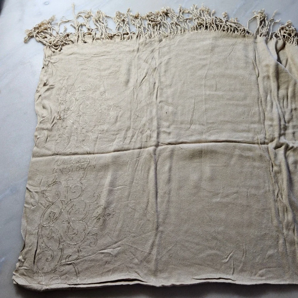 Coldwater Creek Embroidered Fringe Scarf Shawl Wrap Neutral Tan‎